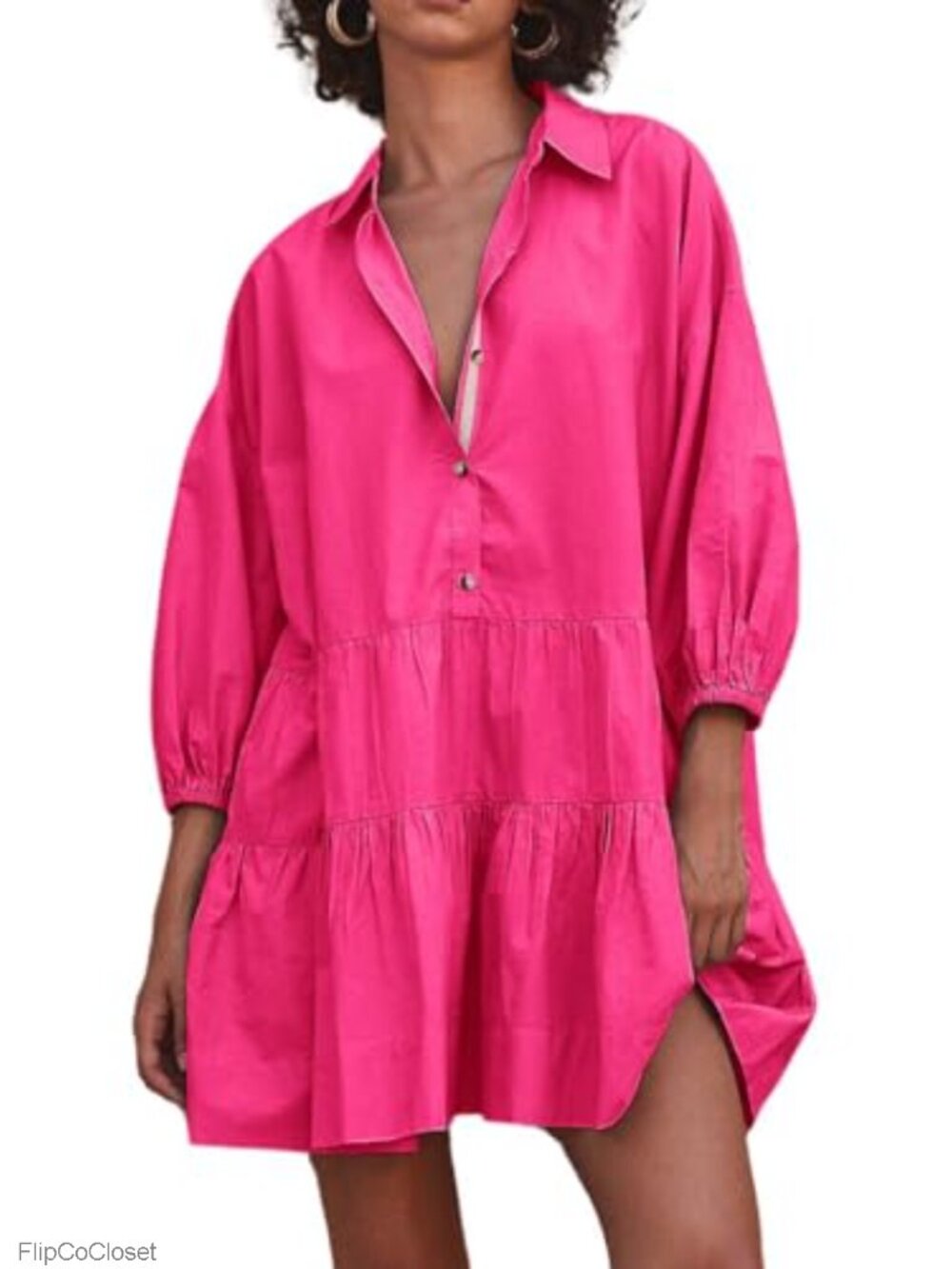 Women's Puff Sleeve Tiered Babydoll Mini Dress Cotton Button Down Shirt Dress